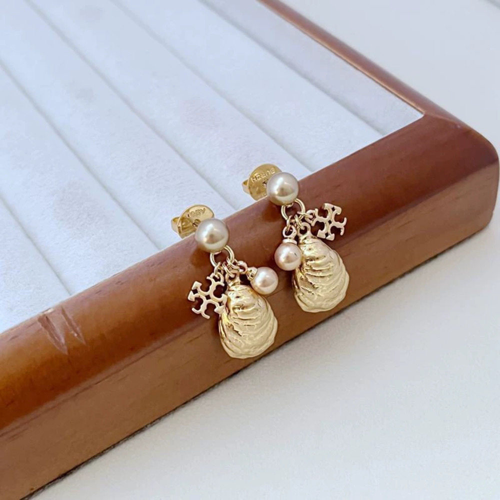 Tory Burch Pearl Letter Metal Shell Multi Drop Earrings